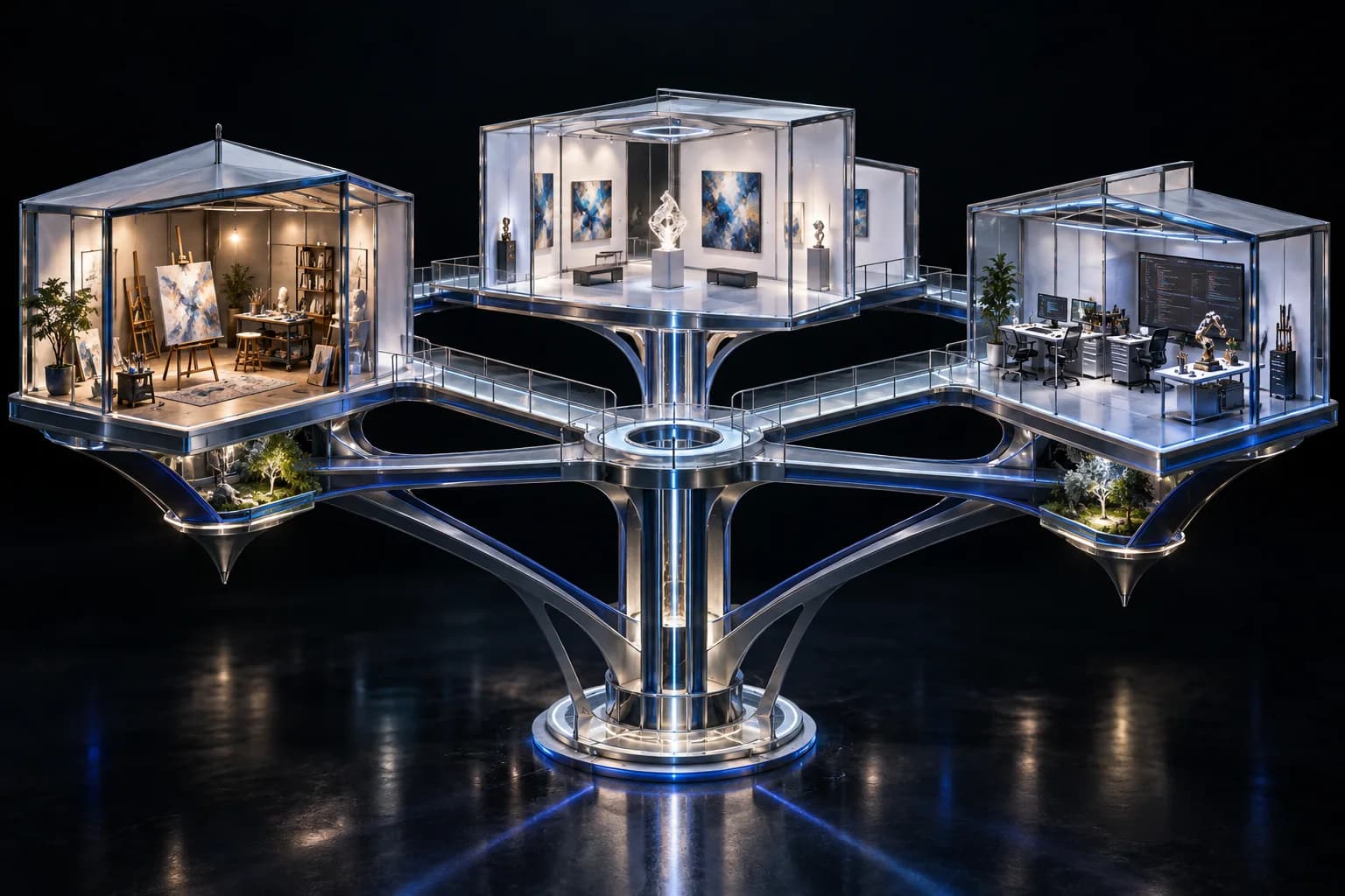 Artist studio, gallery, and code workshop connected by one shared structural foundation
