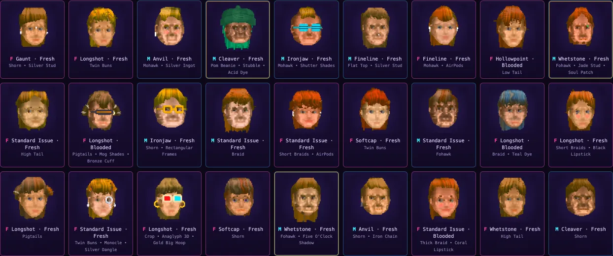 A grid of generated REDLINE driver portraits with their names and traits